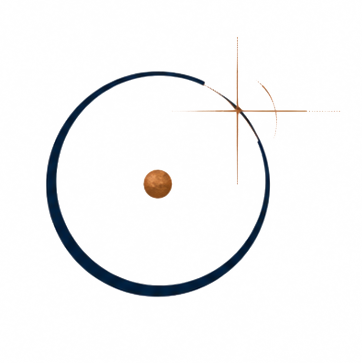 Ballpoint Media circumpunct — a copper point within a midnight circle and directional crosshair